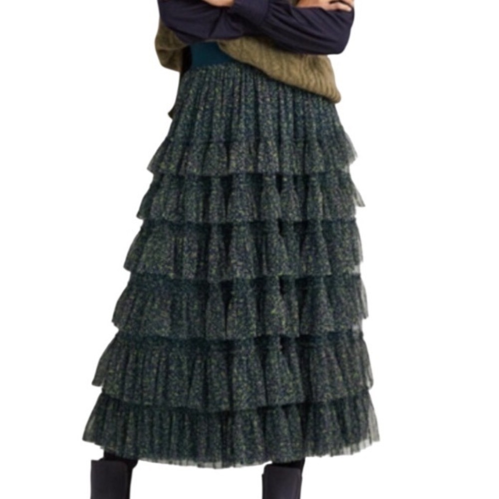 Boden Womens Ruffle Tulle Tiered Midi Skirt‎ Green Floral Size 4 Mesh Boho Fairy